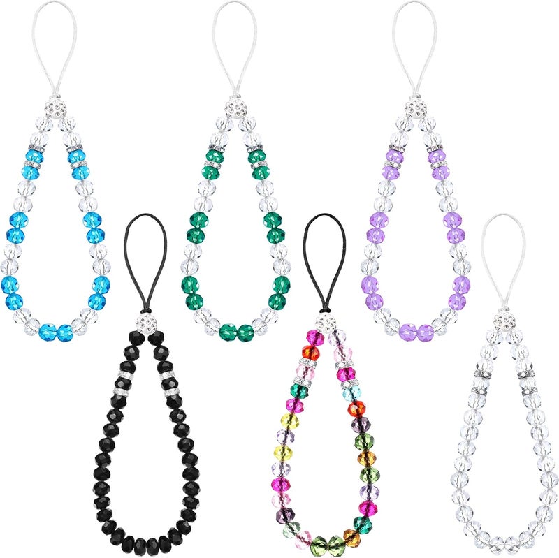 Fiada 6 Pcs Phone Charm Wrist Strap Lanyard Beaded Cell Phone Bracelet Crystal Charm Bling Camera Strap Wrist Sparkling Short Hand Wristlet Beads Lanyard Chain Keychain String for Women(Various Color) - Image 1